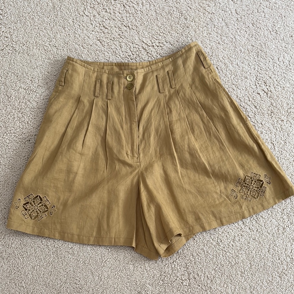 Rebecca Taylor Camel Women's Shorts with Embroidery, 100 % linen